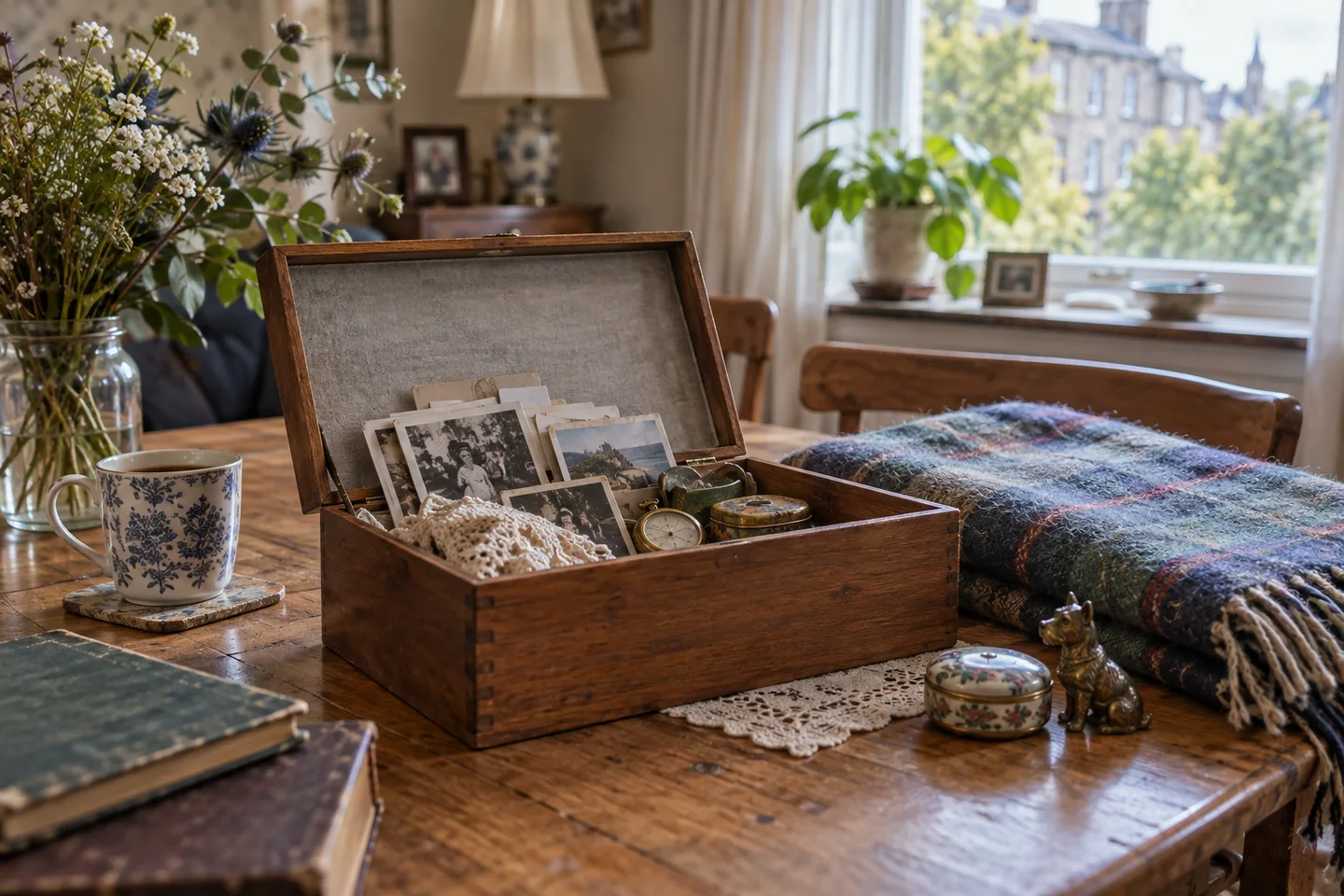 Illustrative keepsake box with family photographs and personal belongings in a quiet home