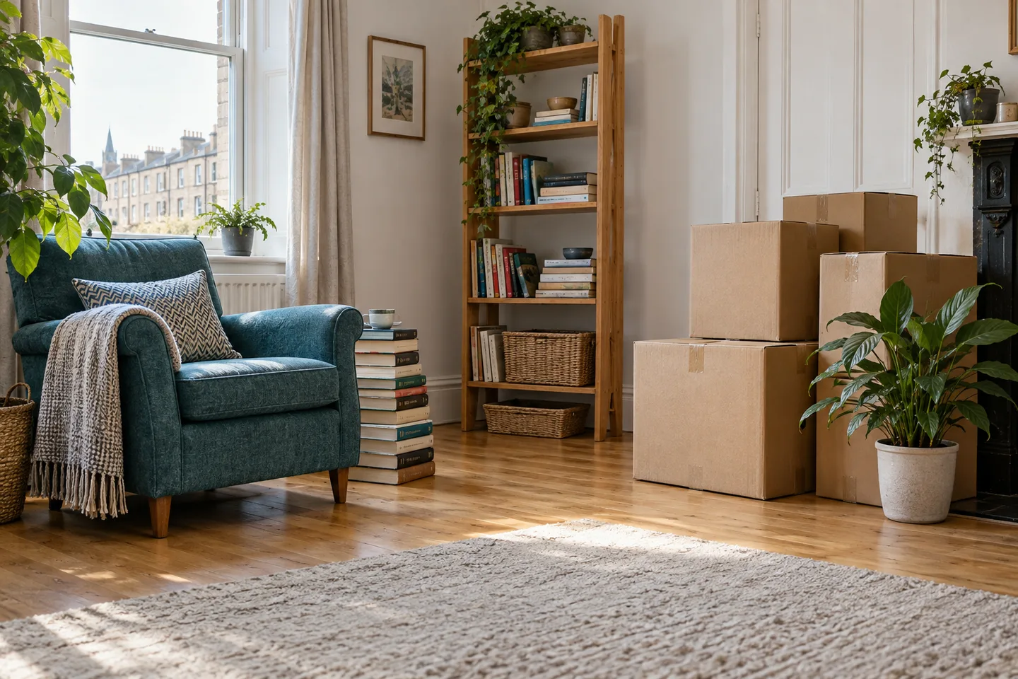 Illustrative room with an armchair, books and boxes prepared for a household move