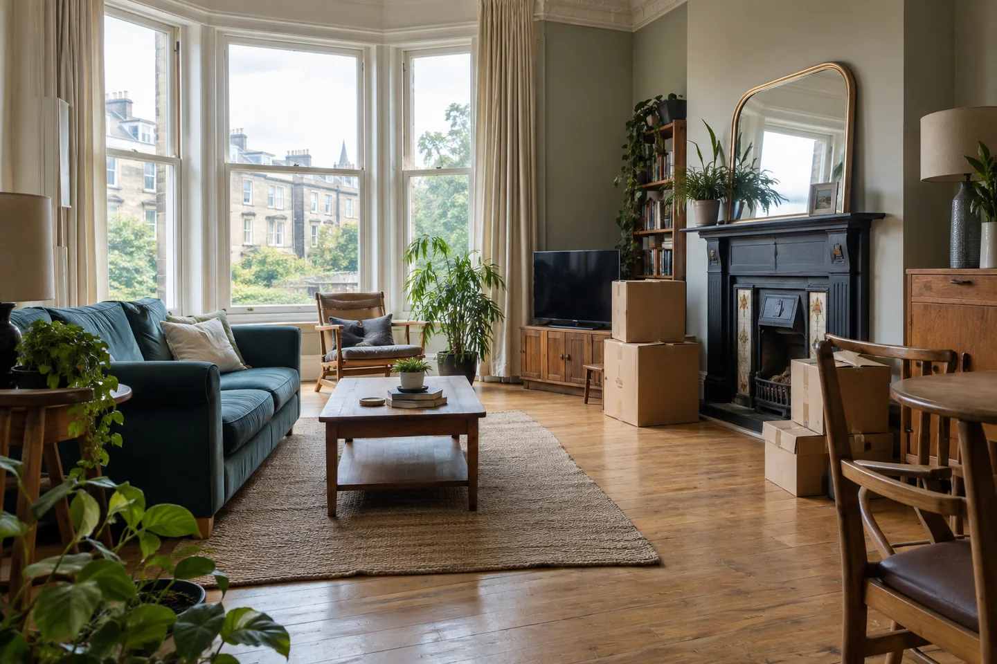 Illustrative Glasgow living room with household furniture and boxes ready for a clear-out